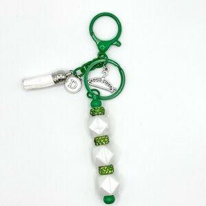 Green and White Beaded Keychain